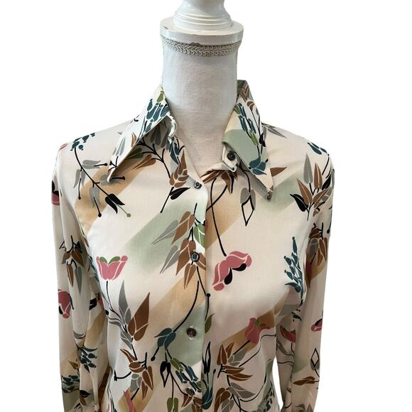 Vintage 70s Mod Floral Print Pointed Collar Polyester Disco Shirt - Picture 2 of 9